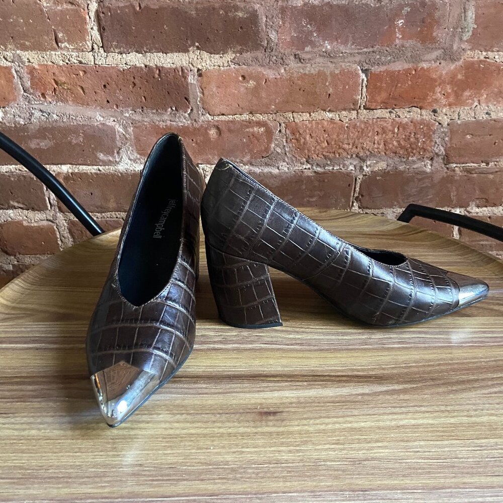 Jeffrey Campbell heels, brown faux-alligator pump, silver toe detail, size 6